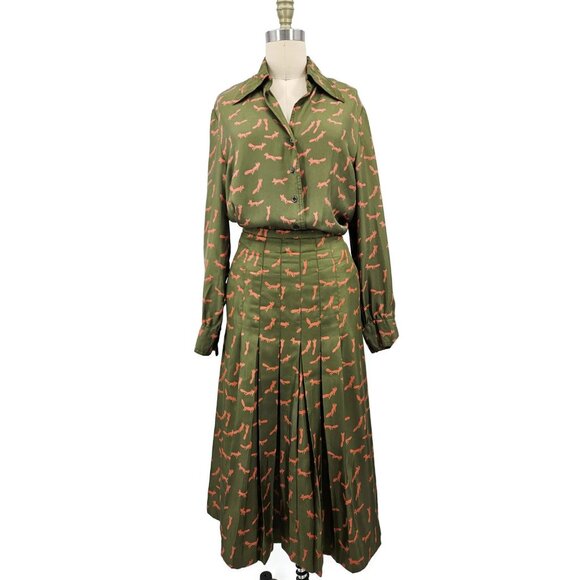 Vtg Hermes Sport Silk Blouse and Pleated Skirt Womens M/L? Fox Print Green - Picture 1 of 16